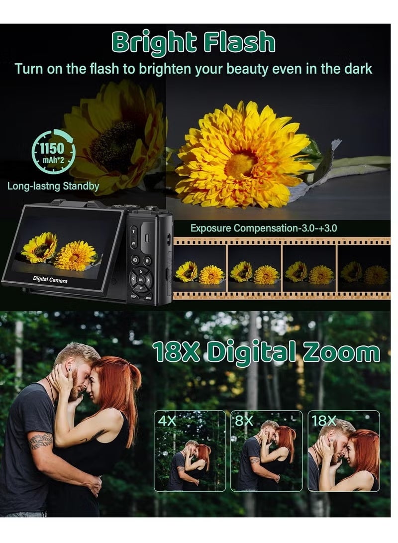 كاميرا رقمية بدقة 5K، كاميرات فيديو بدقة 75 ميجابكسل، كاميرا رقمية بخاصية التركيز التلقائي 18X مع شاشة قلابة 3 بوصات بزاوية 180 درجة، كاميرا سفر مدمجة لتسجيل الفيديو مع بطاقة TF سعة 128 جيجابايت للتصوير الفوتوغرافي - Image 2